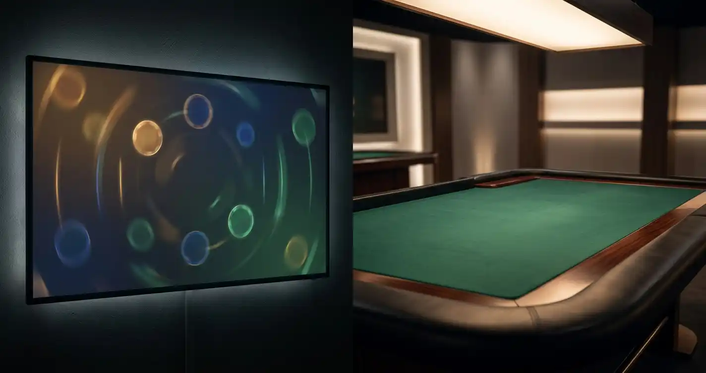 Abstrakte Slot-Symbole auf einem Monitor neben einem beleuchteten Live-Spieltisch im Studio