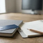 Neutrale Kalenderseite neben Bankkarte und geschlossenem Notizbuch auf einem Tisch