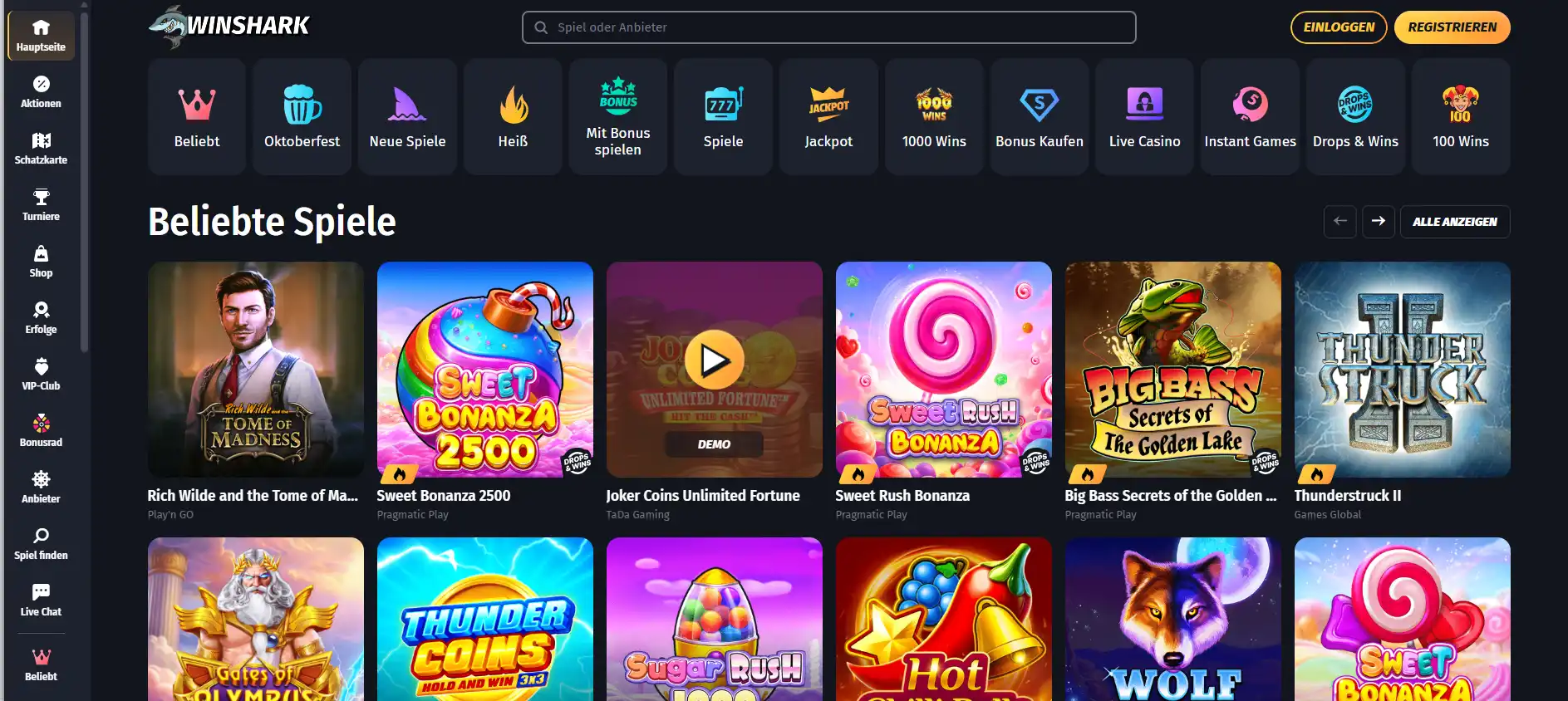 Winshark-Startansicht mit Hauptnavigation und Übersicht der Spielekategorien