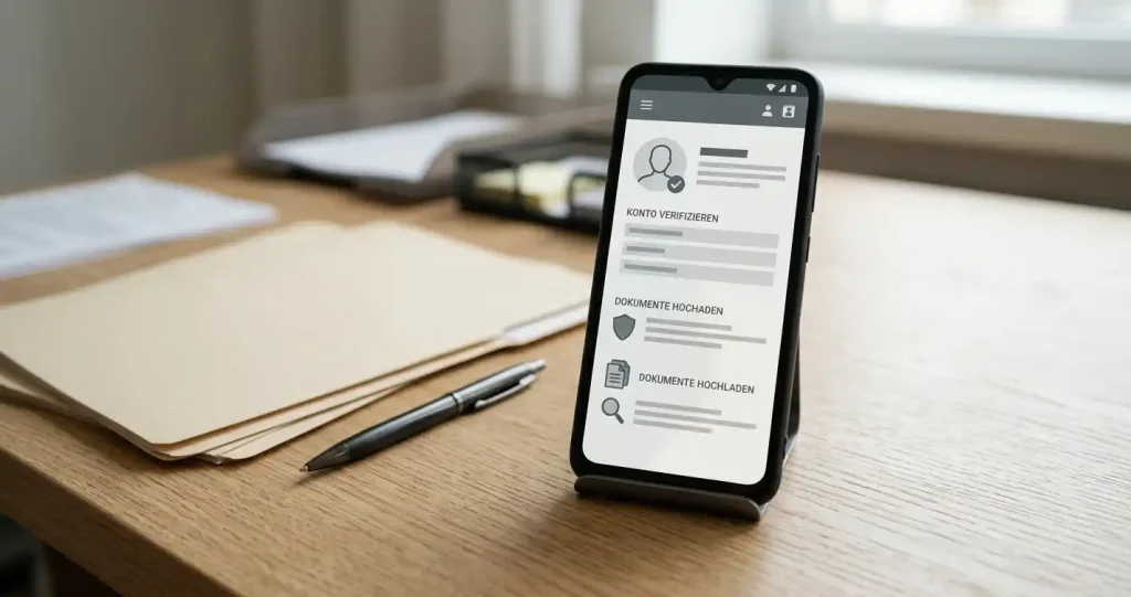 Smartphone mit abstrahierter Profilansicht neben geschlossenen Dokumentenmappen auf einem Tisch