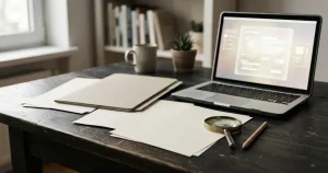 Schreibtisch mit Dokumenten, Laptop und einer Lupe im weichen Tageslicht