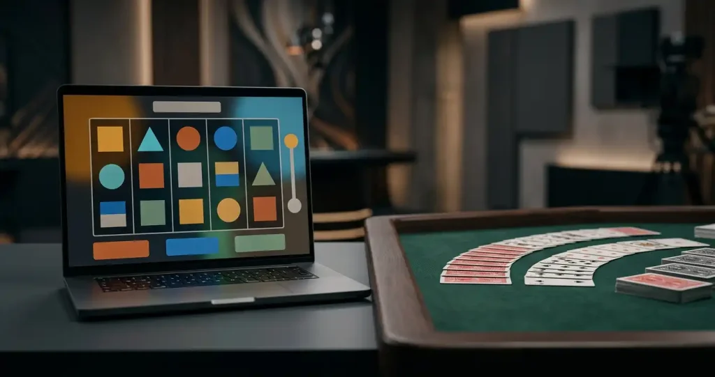 Links stilisierte digitale Walzen auf einem Monitor, rechts ein neutraler Casinotisch unter Studiolicht.
