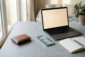 Neutrales Portemonnaie neben Smartphone und Laptop auf einer schlichten Arbeitsfläche